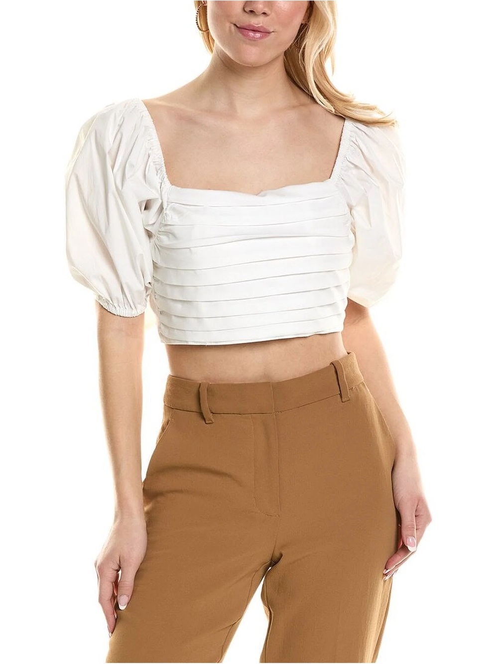 Ramy Brook White Pleated Puff-Sleeve Crop Top